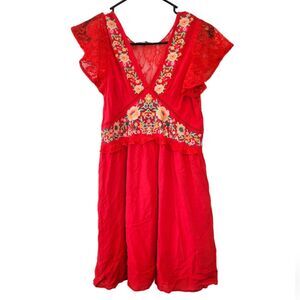 Umgee Red Lace Floral Embroidered Babydoll Dress Size Small Boho